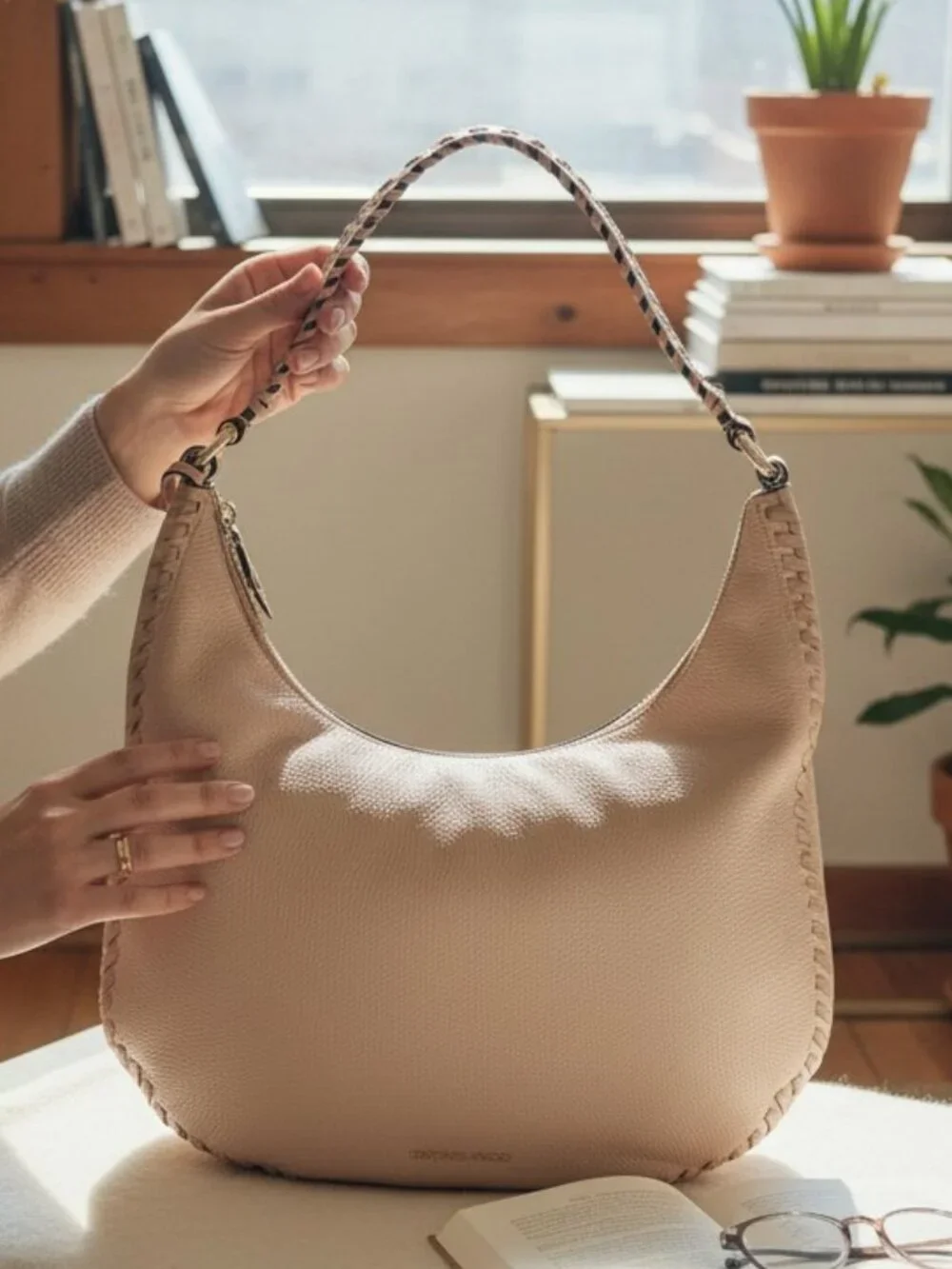 Michael Kors Lauryn Large Blush Beige Whipstitch Leather Shoulder Bag